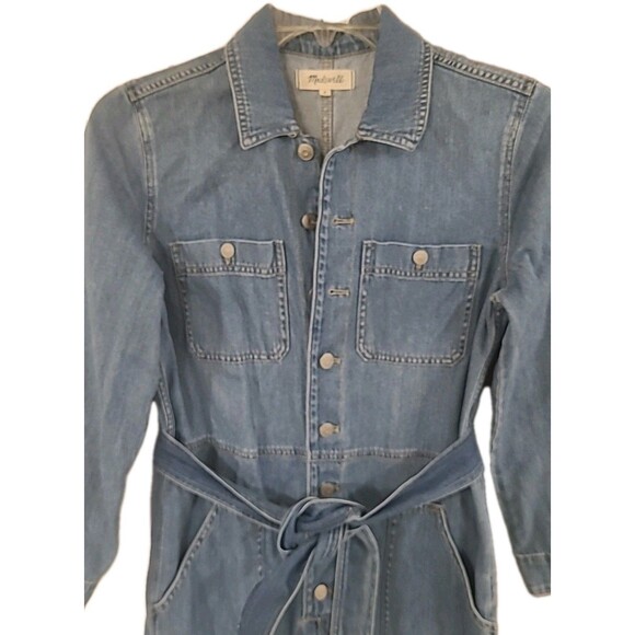 Madewell Denim Coveralls Womens M Blue Button Up LS Work Utility Boho Jumpsuit - Picture 4 of 16
